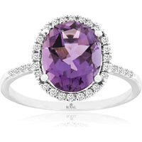 14K White Gold Halo Ring with Oval Amethyst and Pave Set Diamond Accents - 2.35 Carat Amethyst and 0.21 Carat Total Diamond Weight - Royal Jewelry