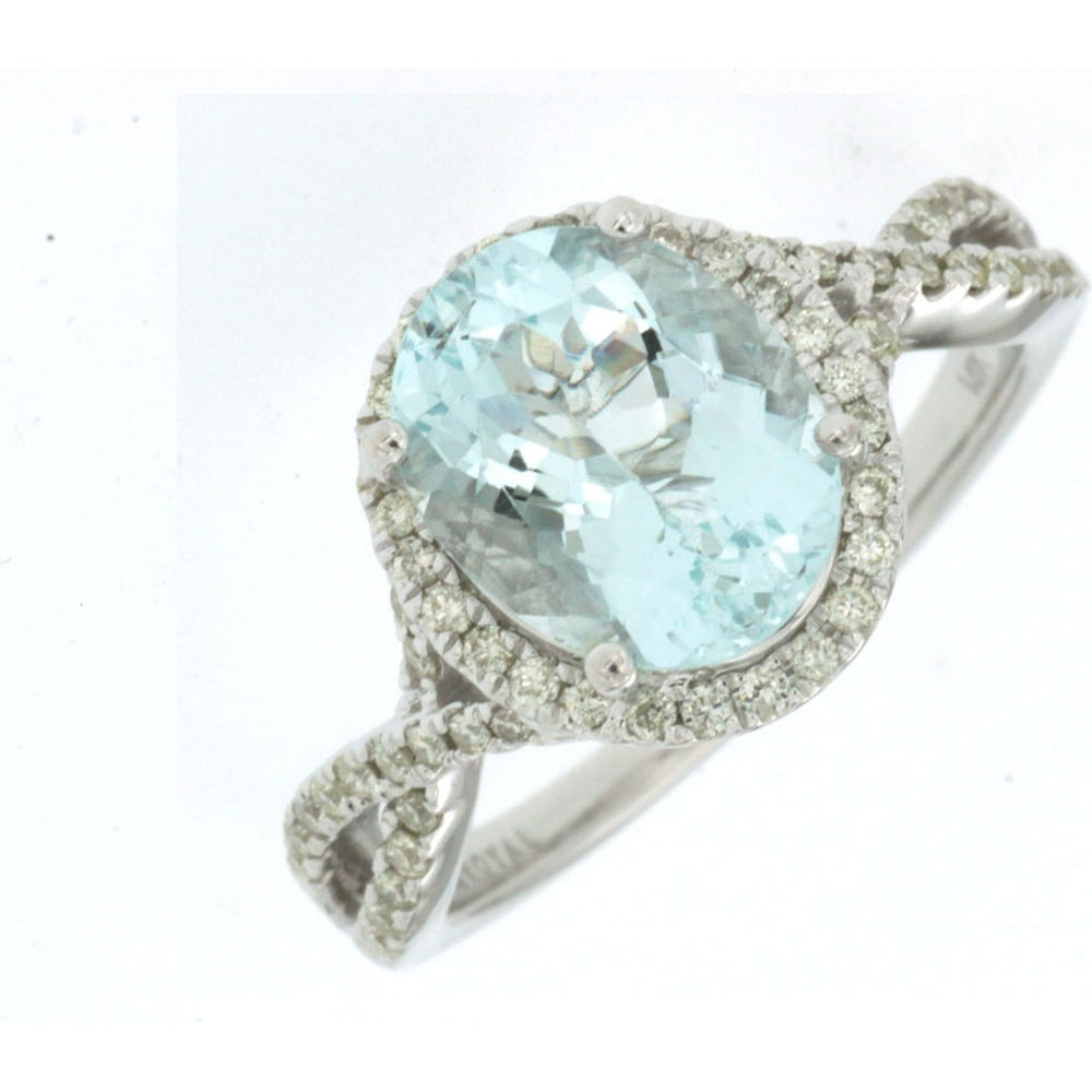 14K White Gold Halo Ring with Oval Aquamarine and Pavé-Set Diamonds - 2.00 Carat Center Aquamarine and 0.30 Carat Total Diamond Weight - Royal Jewelry