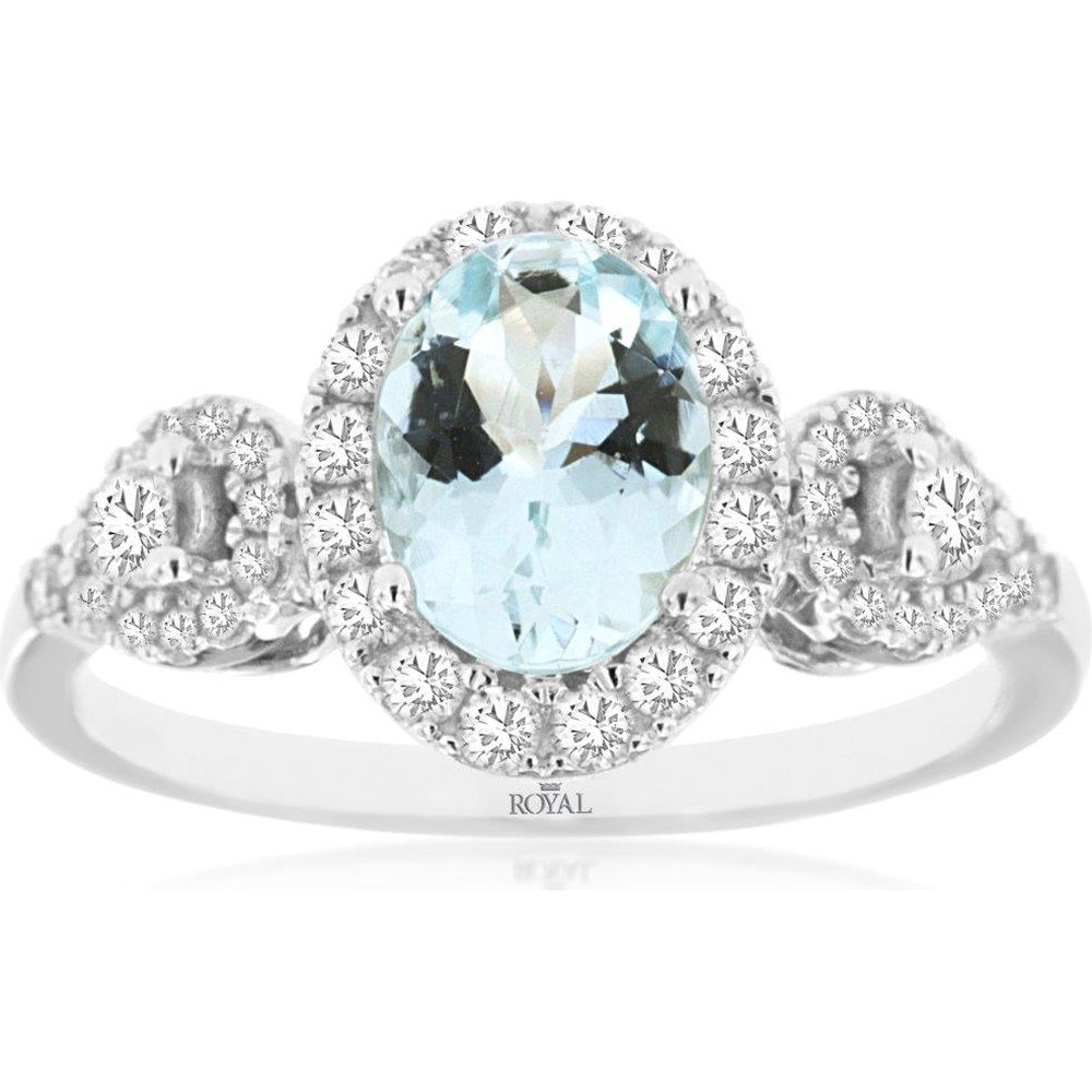 14K White Gold Halo Ring with Oval Aquamarine and Round Brilliant-Cut Diamonds - 1.10 Carat Aquamarine and 0.50 Carat Total Diamond Weight - Royal Jewelry