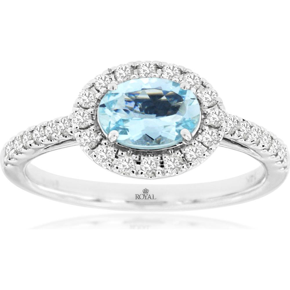 14K White Gold Halo Ring with Oval Aquamarine and Round Diamond Accents - 0.70 Carat Aquamarine and 0.33 Carat Diamond Total Weight - Royal Jewelry