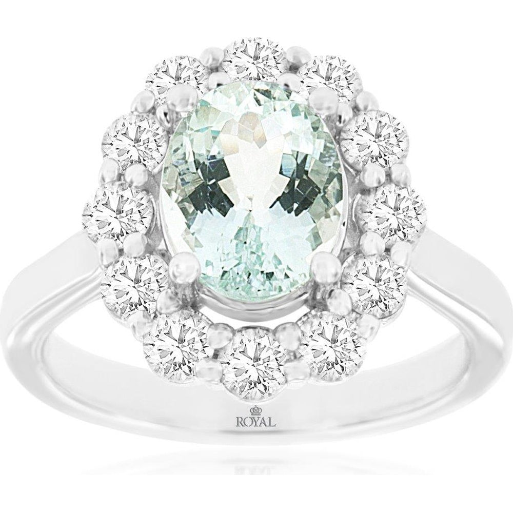 14K White Gold Halo Ring with Oval Aquamarine and Round Diamonds - 1.50 Carat Aquamarine and 1.00 Carat Total Diamond Weight - Royal Jewelry