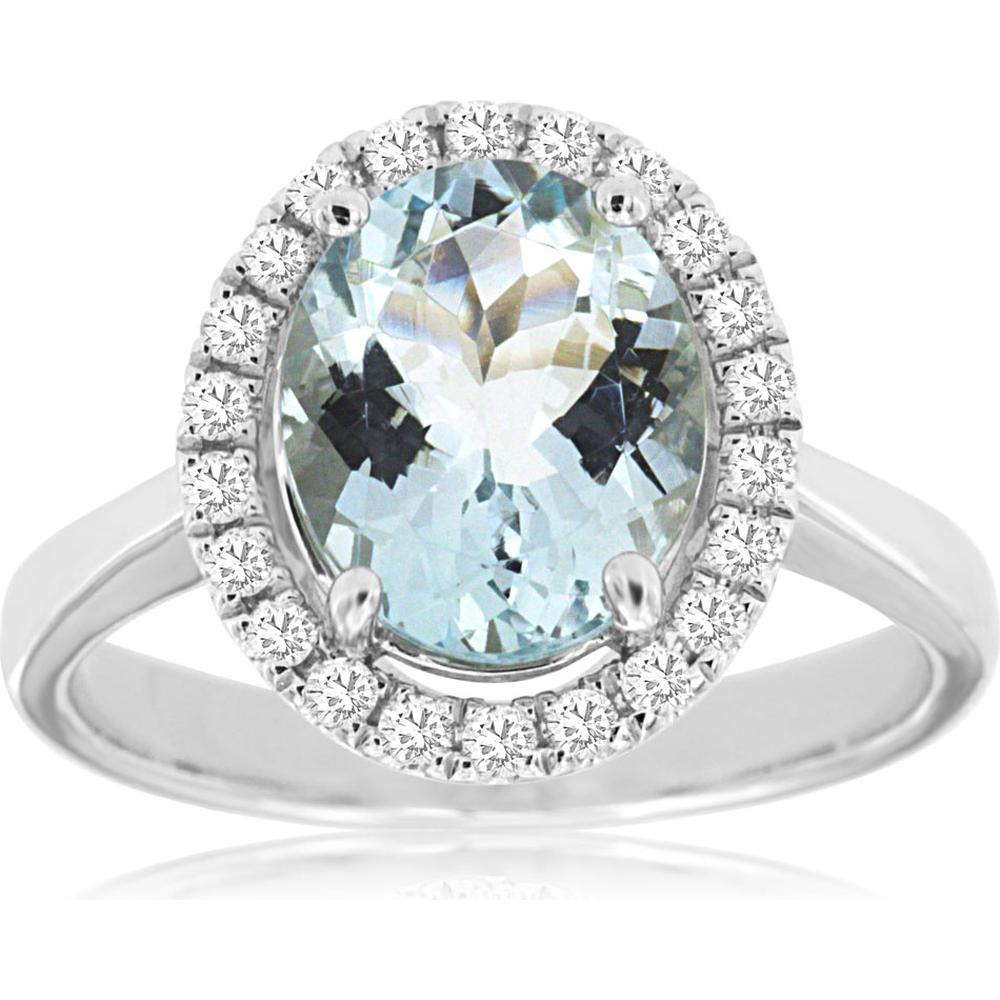 14K White Gold Halo Ring with Oval Aquamarine and Round Diamonds - 2.00 Carat Aquamarine, 0.25 Carat Diamond Total Weight - Royal Jewelry
