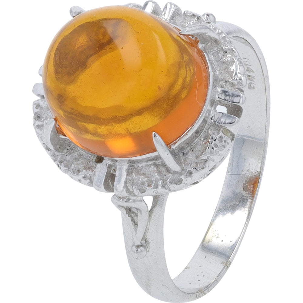 14K White Gold Halo Ring with Oval Cabochon Fire Opal - 2.62 Carat Total Gem Weight