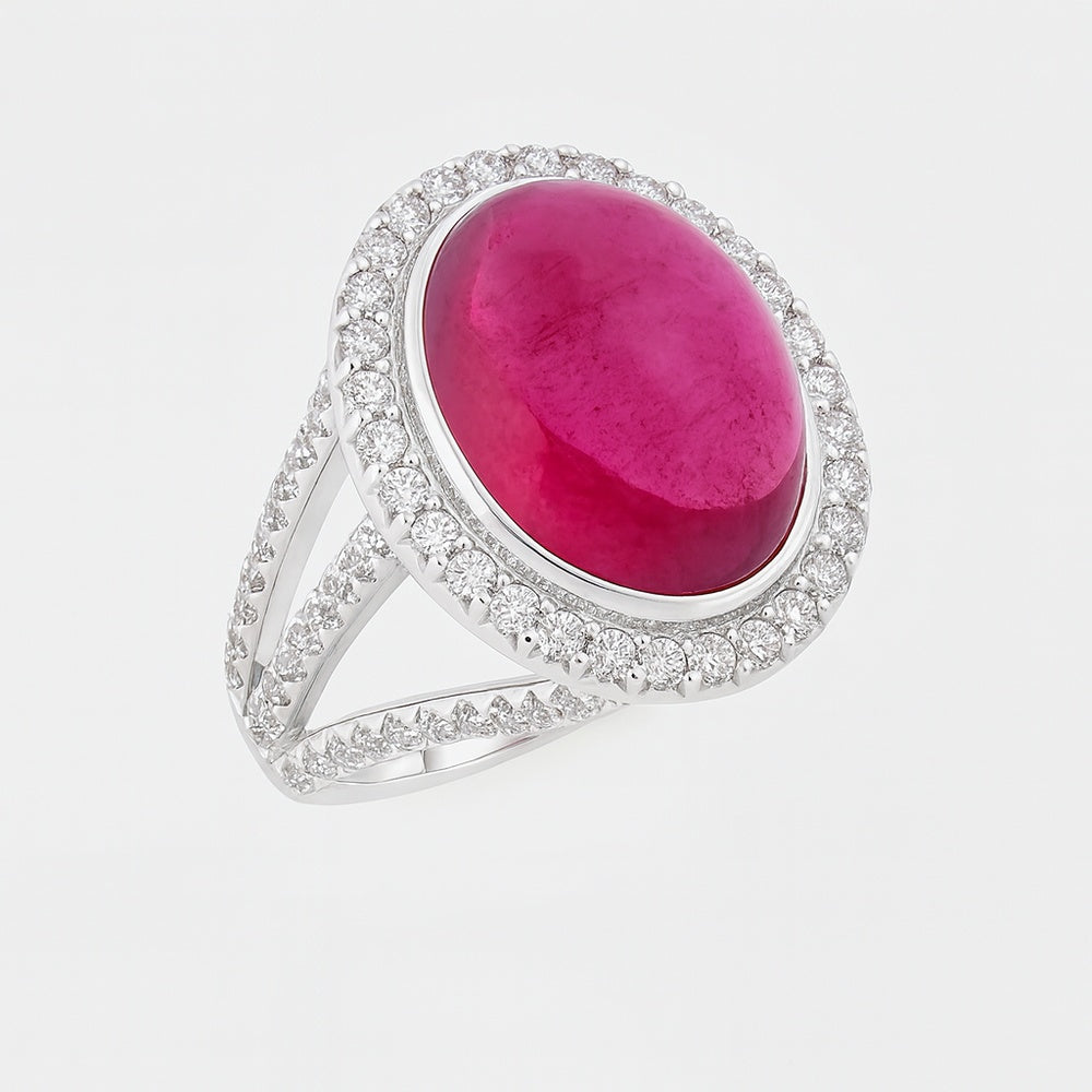 14K White Gold Halo Ring with Oval Cabochon Lab-Created Ruby and Pave Set Round Diamonds - 10.00 Carat Ruby and 1.80 Carat Total Diamond Weight by Auriventus