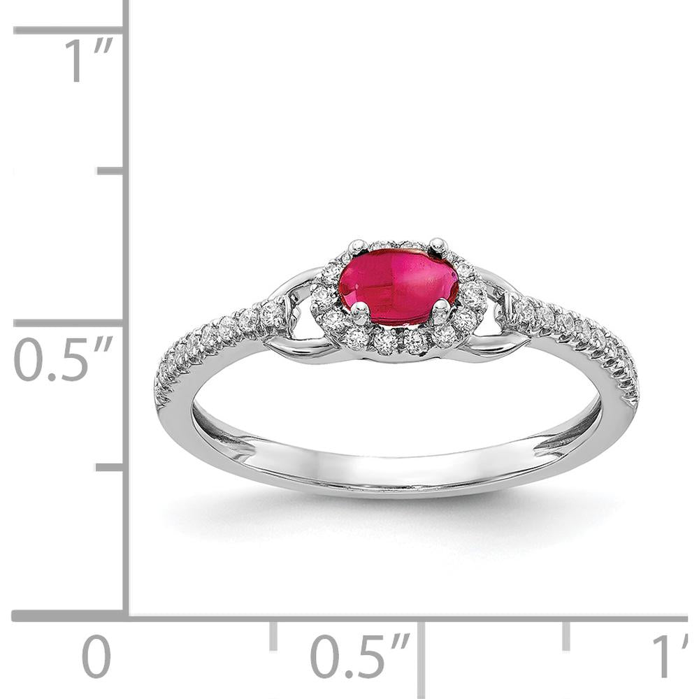 14K White Gold Halo Ring with Oval Cabochon Ruby 0.41 Carat and Round Diamonds 0.16 Carat Total by 0