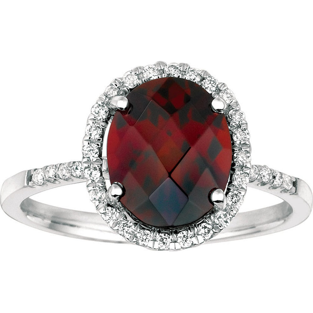 14K White Gold Halo Ring with Oval Checkerboard Cut Garnet and Round Diamond Accents - 2.75 Carat Garnet and 0.21 Carat Total Diamond Weight - Royal Jewelry