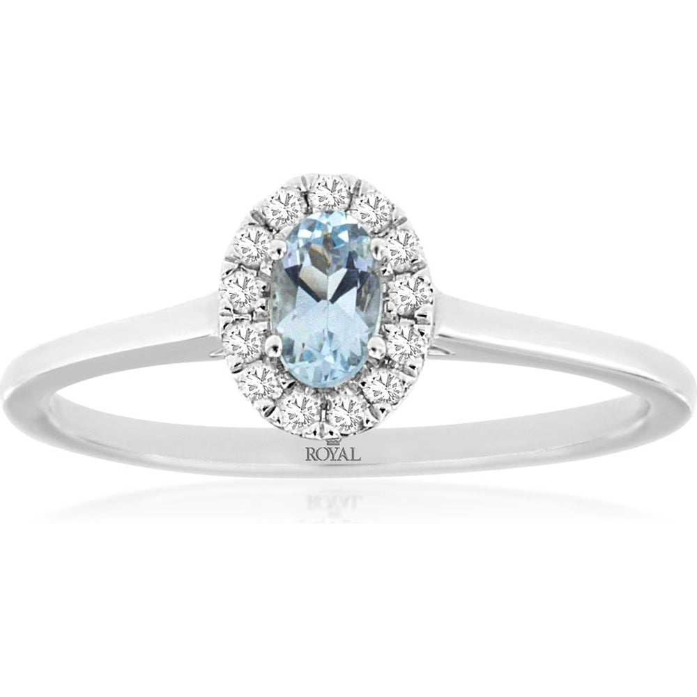 14K White Gold Halo Ring with Oval-Cut Aquamarine and Pavé Set Diamonds - 0.21 Carat Aquamarine and 0.10 Carat Total Diamond Weight - Royal Jewelry