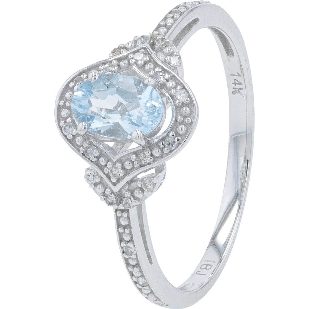 14K White Gold Halo Ring with Oval-Cut Aquamarine and Round Diamond Accents - 0.50 Carat Total Aquamarine Weight