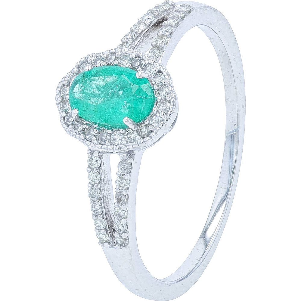14K White Gold Halo Ring with Oval-Cut Emerald and Split Shank Diamond Accents - 0.55 Carat Emerald and 0.16 Carat Total Diamond Weight