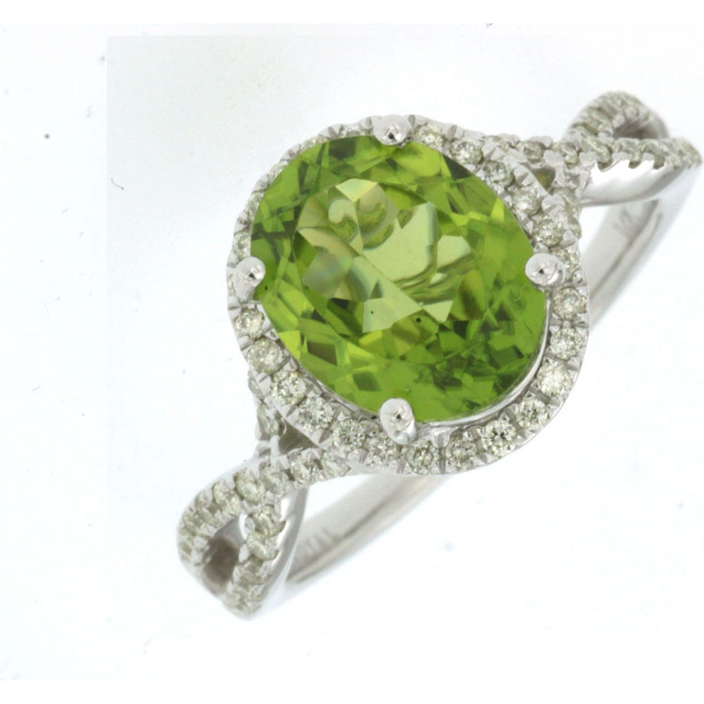 14K White Gold Halo Ring with Oval-Cut Peridot and Pavé-Set Round Diamonds - 2.85 Carat Peridot and 0.30 Carat Diamond Total Weight - Royal Jewelry