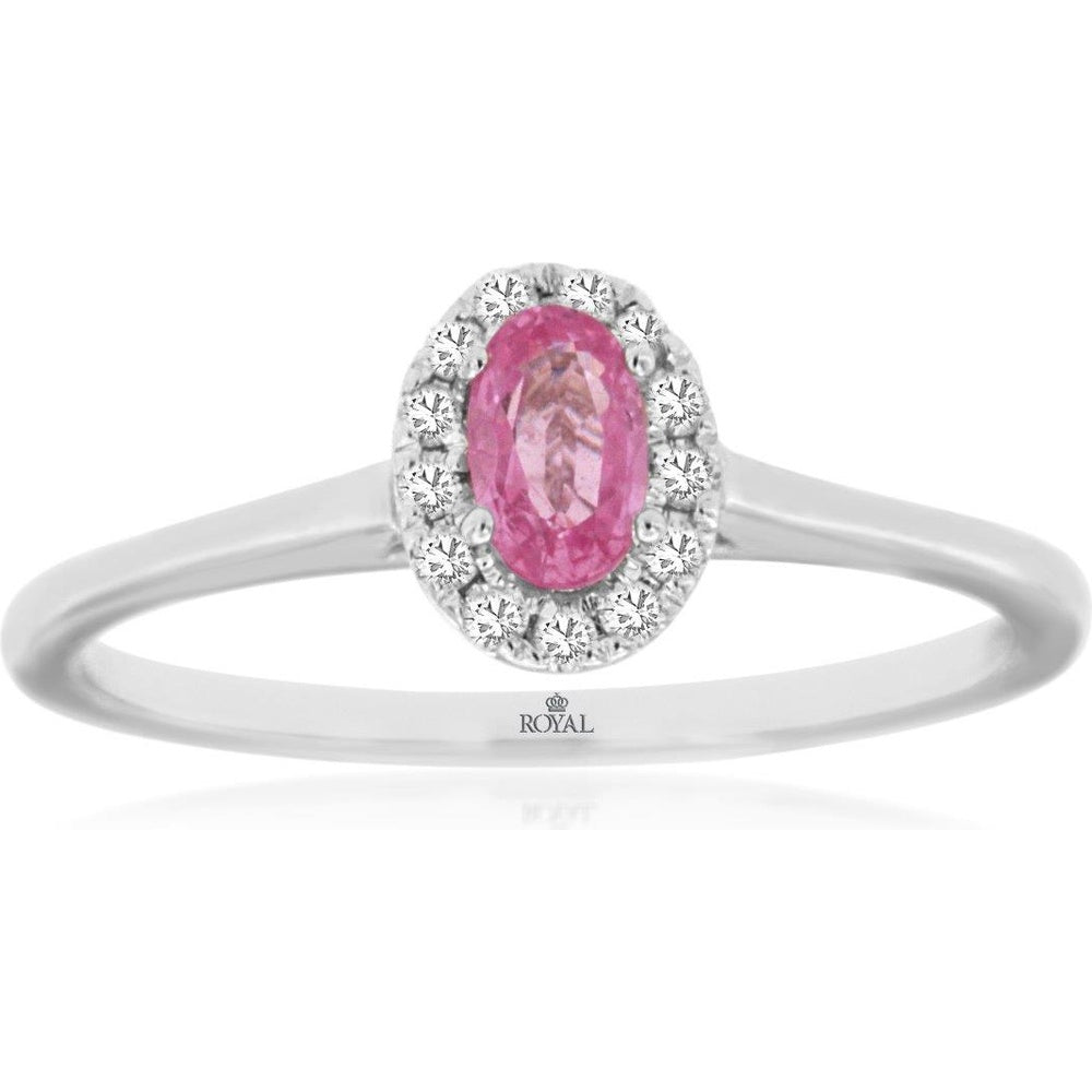14K White Gold Halo Ring with Oval-Cut Pink Sapphire and Round Diamond Accents - 0.32 Carat Pink Sapphire and 0.10 Carat Total Diamond Weight - Royal Jewelry