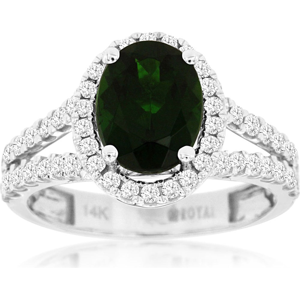 14K White Gold Halo Ring with Oval Cut Russalite and Round Diamond Accents - 2.00 Carat Russalite and 0.72 Carat Diamond Total Weight - Royal Jewelry