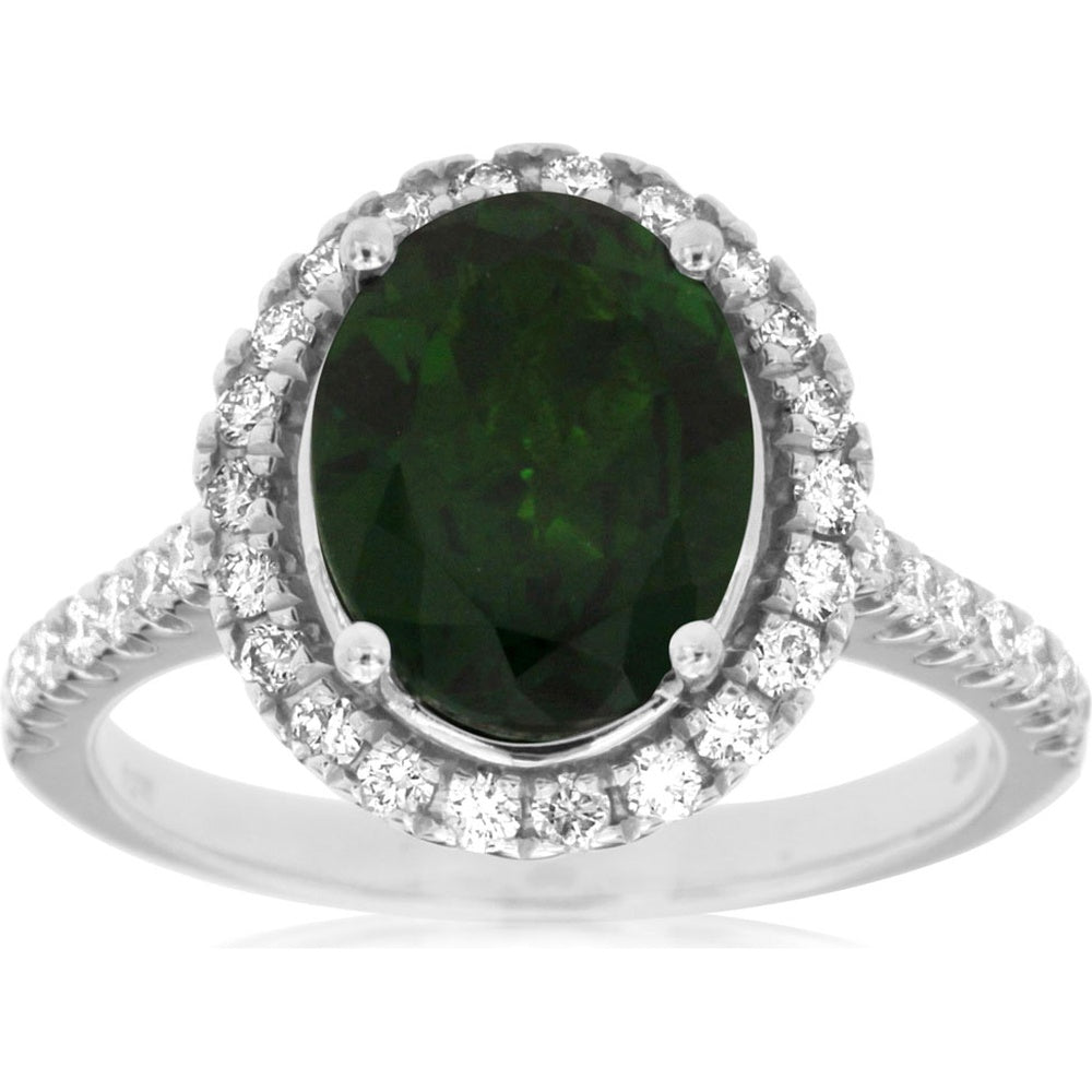 14K White Gold Halo Ring with Oval-Cut Russalite and Round Diamonds - 2.60 Carat Russalite and 0.60 Carat Total Diamond Weight - Royal Jewelry