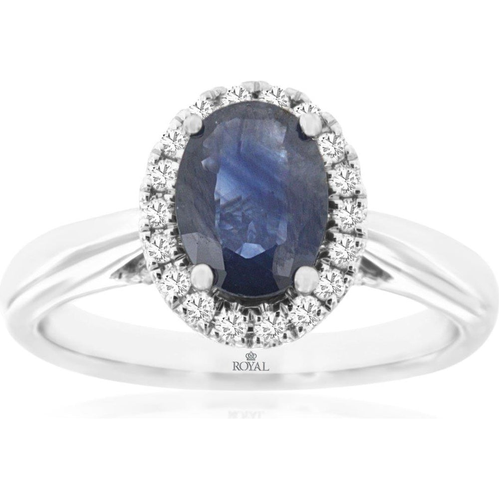 14K White Gold Halo Ring with Oval Cut Sapphire and Round Diamond Accents - 1.47 Carat Sapphire and 0.34 Carat Total Diamond Weight - Royal Jewelry