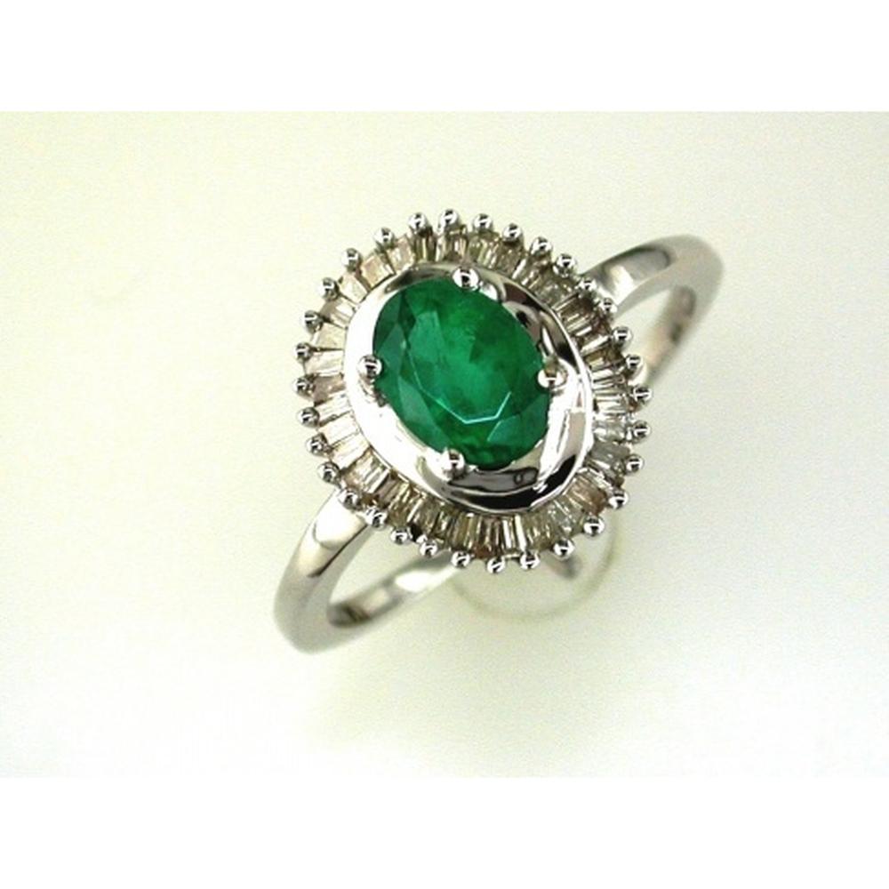 14K White Gold Halo Ring with Oval Emerald and Baguette Diamonds - 0.80 Carat Emerald & 0.25 Carat Total Diamond Weight - Royal Jewelry