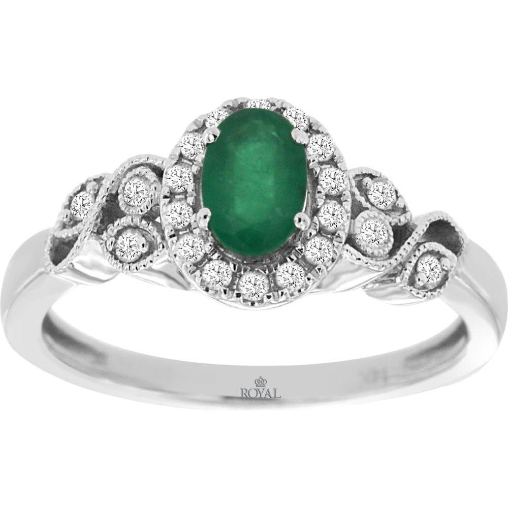 14K White Gold Halo Ring with Oval Emerald and Round Diamonds - 0.44 Carat Emerald and 0.16 Carat Total Diamond Weight - Royal Jewelry