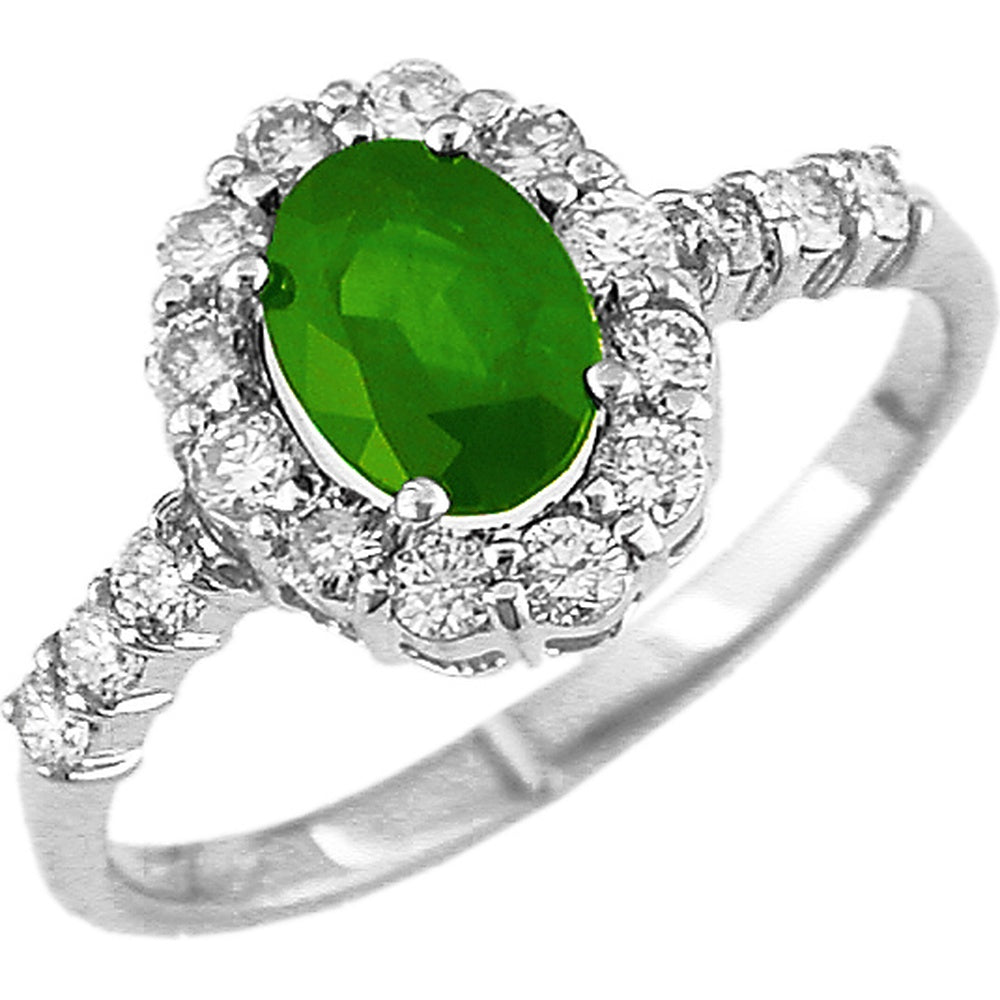 14K White Gold Halo Ring with Oval Emerald and Round Diamonds - 0.85 Carat Emerald and 0.47 Carat Total Diamond Weight - Royal Jewelry