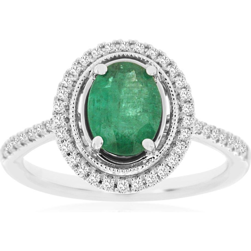 14K White Gold Halo Ring with Oval Emerald and Round Diamonds - 1.10 Carat Emerald and 0.20 Carat Diamond Total Weight - Royal Jewelry