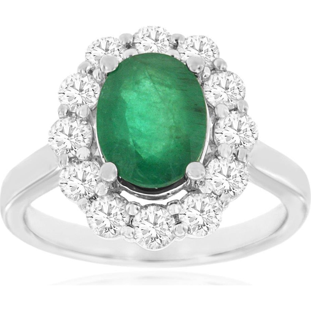 14K White Gold Halo Ring with Oval Emerald and Round Diamonds - 1.75 Carat Emerald and 1 Carat Total Diamond Weight - Royal Jewelry