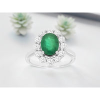 14K White Gold Halo Ring with Oval Emerald and Round Diamonds - 1.75 Carat Emerald and 1 Carat Total Diamond Weight - Royal Jewelry