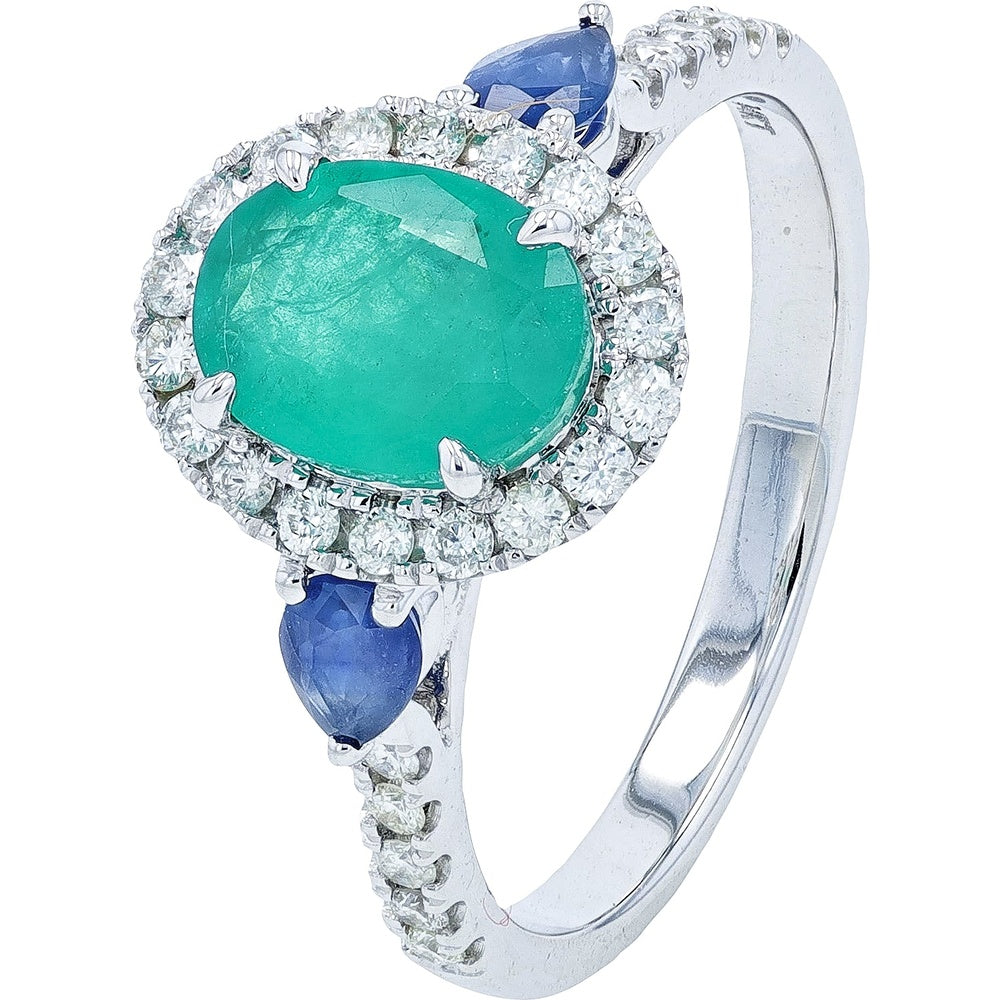 14K White Gold Halo Ring with Oval Emerald, Pear Sapphires, and Round Diamonds - 1.50 Carat Total Emerald & Sapphire Weight