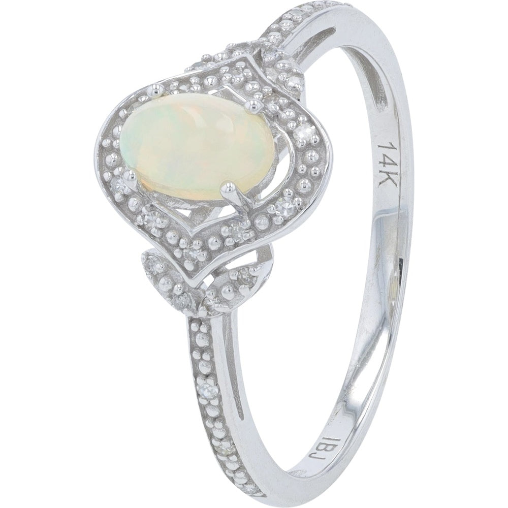 14K White Gold Halo Ring with Oval Opal and Pavé-Set Diamonds - 0.07 Carat Total Diamond Weight