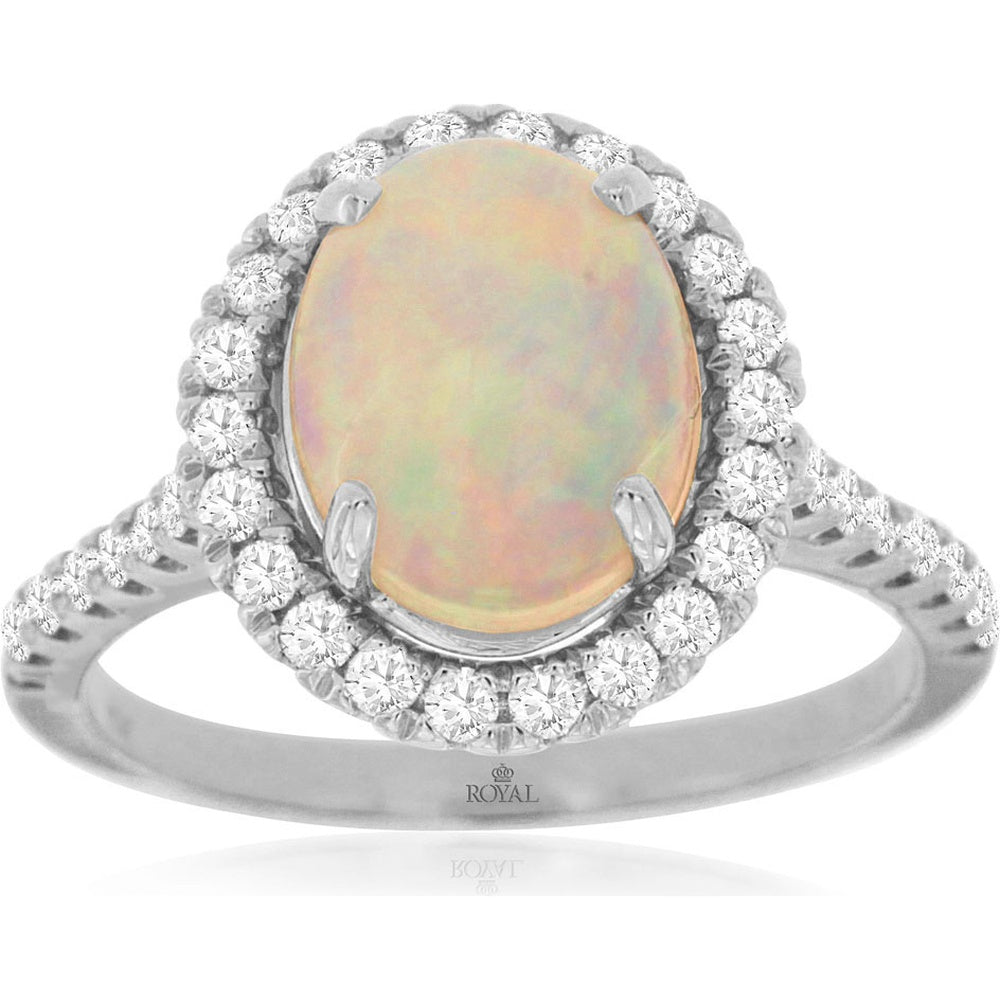 14K White Gold Halo Ring with Oval Opal and Round Diamonds - 1.70 Carat Opal and 0.60 Carat Total Diamond Weight - Royal Jewelry