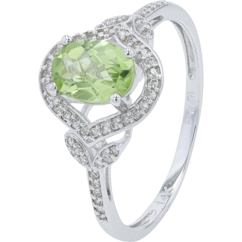 14K White Gold Halo Ring with Oval Peridot and Pavé-Set Diamonds - 0.13 Carat Total Diamond Weight