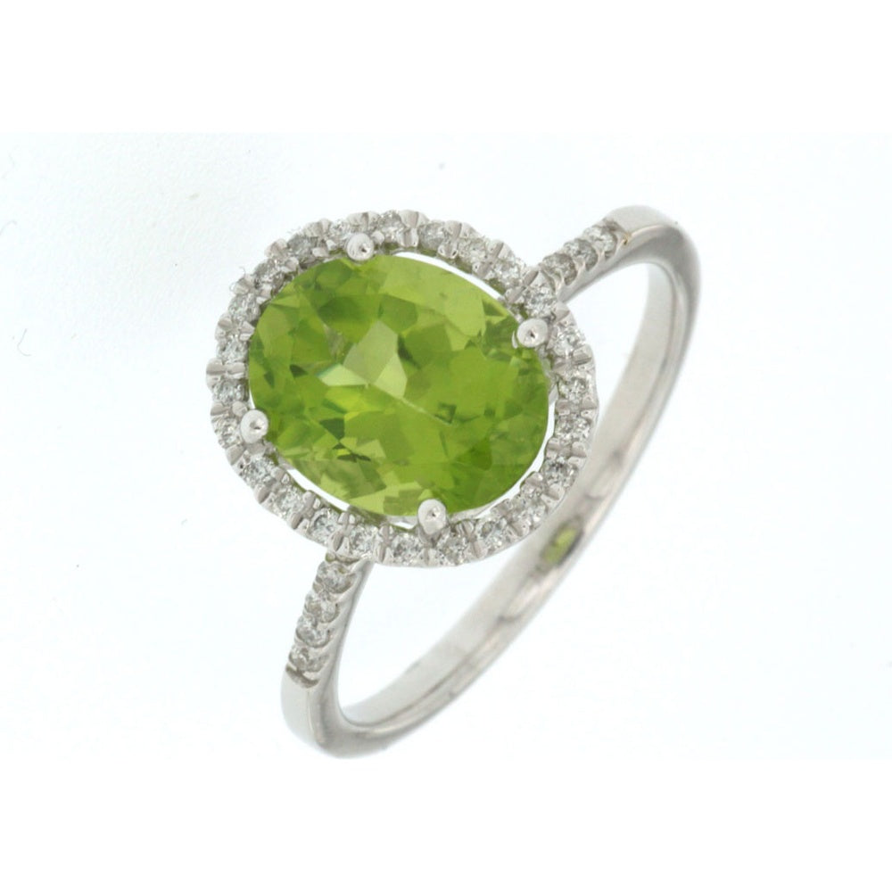 14K White Gold Halo Ring with Oval Peridot and Round Diamonds - 2.80 Carat Peridot and 0.21 Carat Total Diamond Weight - Royal Jewelry
