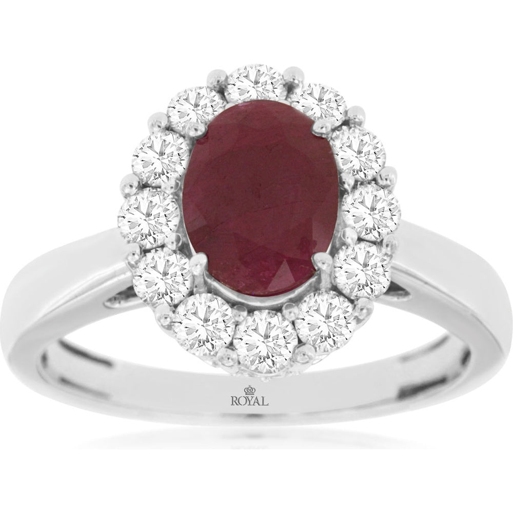 14K White Gold Halo Ring with Oval Ruby and Round Brilliant Cut Diamonds - 1.25 Carat Ruby and 0.75 Carat Total Diamond Weight - Royal Jewelry