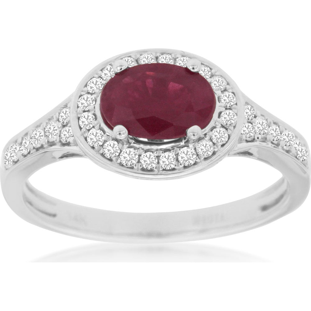 14K White Gold Halo Ring with Oval Ruby and Round Diamond Accents - 0.90 Carat Ruby and 0.43 Carat Total Diamond Weight - Royal Jewelry