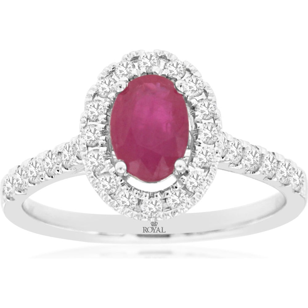 14K White Gold Halo Ring with Oval Ruby and Round Diamonds - 0.90 Carat Ruby and 0.47 Carat Total Diamond Weight - Royal Jewelry