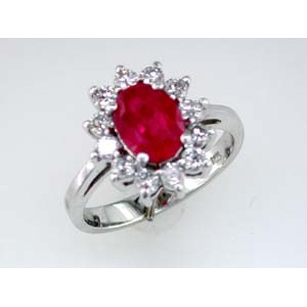 14K White Gold Halo Ring with Oval Ruby and Round Diamonds - 1.35 Carat Ruby and 0.75 Carat Total Diamond Weight - Royal Jewelry