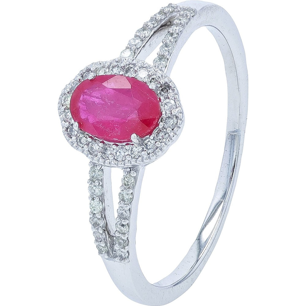 14K White Gold Halo Ring with Oval Ruby and Split-Shank Pavé Diamond Accents - 0.55 Carat Total Gemstone Weight