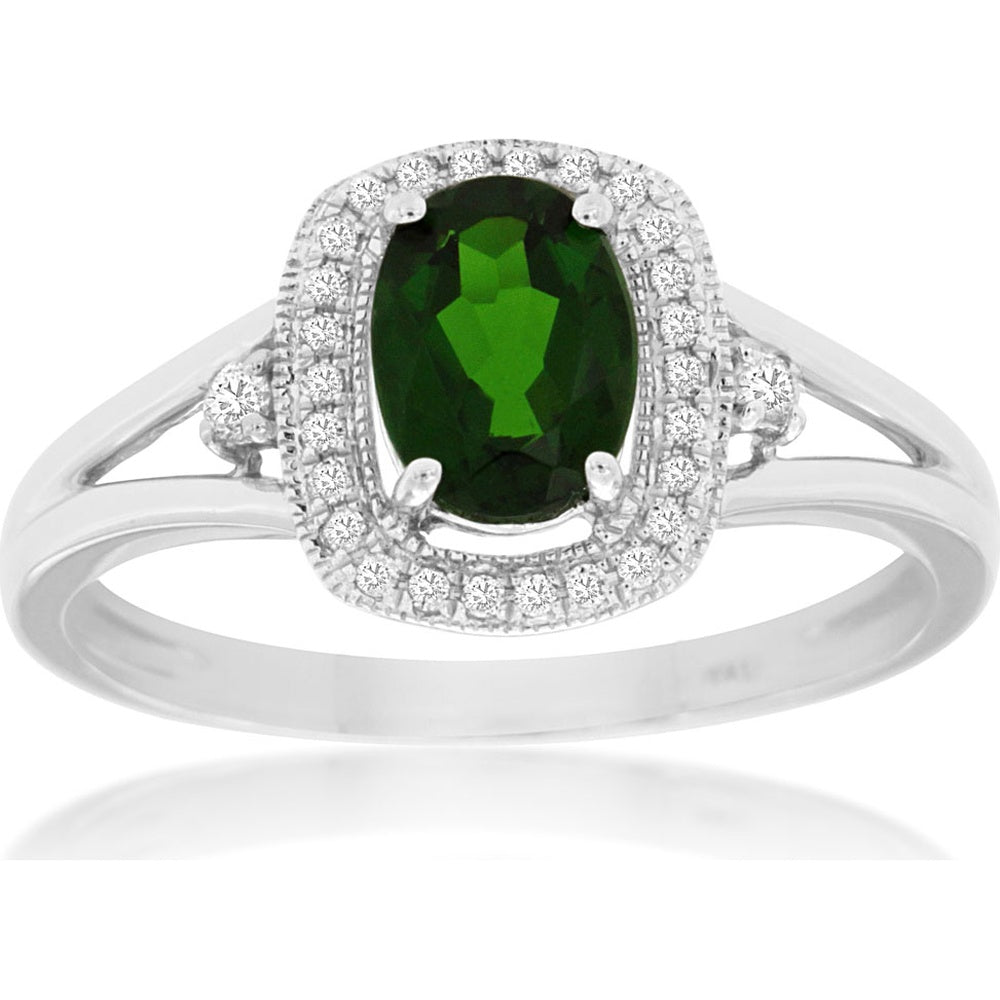 14K White Gold Halo Ring with Oval Russalite and Round Diamond Accents - 0.95 Carat Russalite and 0.10 Carat Total Diamond Weight - Royal Jewelry
