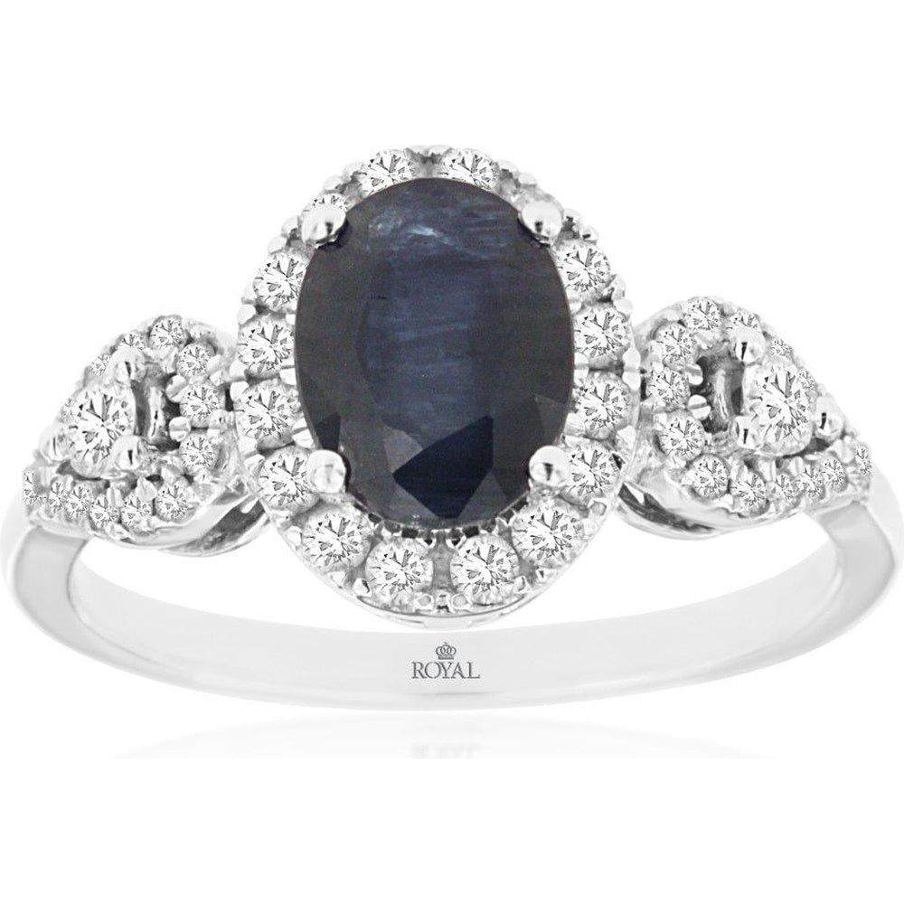 14K White Gold Halo Ring with Oval Sapphire and Diamond Accents - 1.55 Carat Sapphire and 0.50 Carat Total Diamond Weight - Royal Jewelry