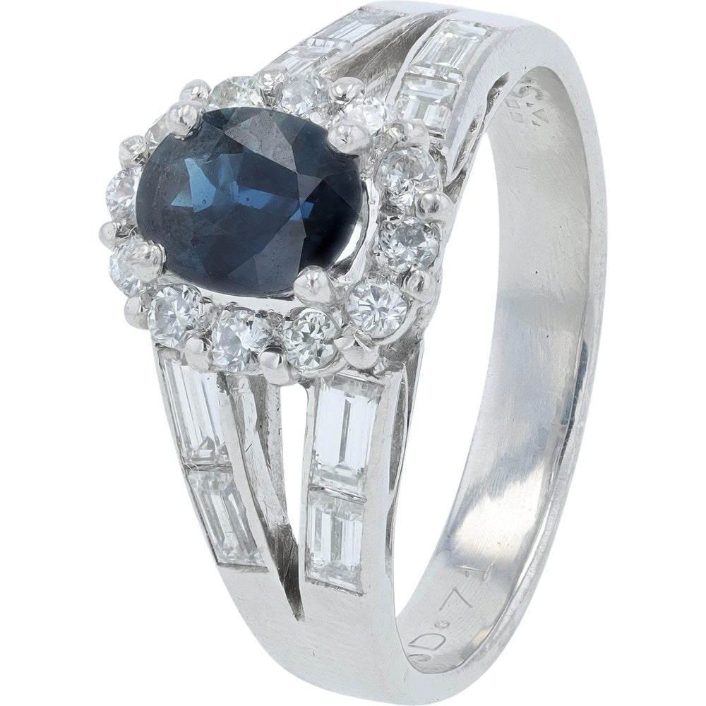 14K White Gold Halo Ring with Oval Sapphire and Round Diamond Accents - 0.70 Carat Sapphire and 0.71 Carat Total Diamond Weight