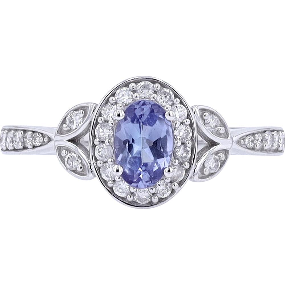 14K White Gold Halo Ring with Oval Tanzanite and 1/3 Carats Diamond Accents