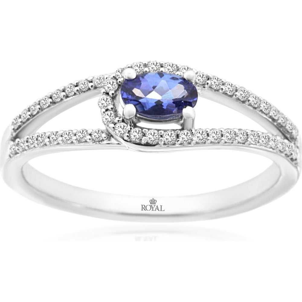 14K White Gold Halo Ring with Oval Tanzanite and Pavé-Set Round Diamonds - 0.22 Carat Tanzanite and 0.20 Carat Total Diamond Weight - Royal Jewelry