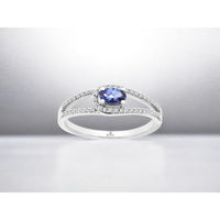 14K White Gold Halo Ring with Oval Tanzanite and Pavé-Set Round Diamonds - 0.22 Carat Tanzanite and 0.20 Carat Total Diamond Weight - Royal Jewelry
