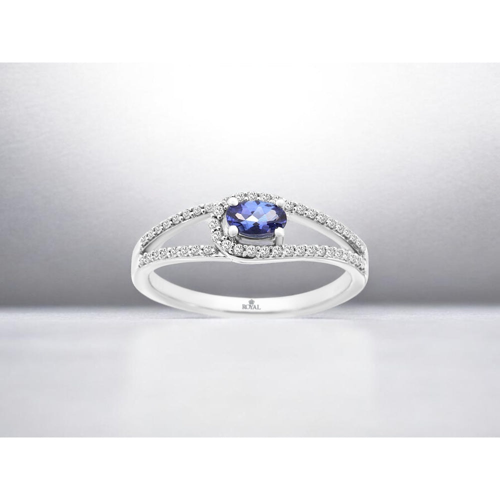 14K White Gold Halo Ring with Oval Tanzanite and Pavé-Set Round Diamonds - 0.22 Carat Tanzanite and 0.20 Carat Total Diamond Weight - Royal Jewelry