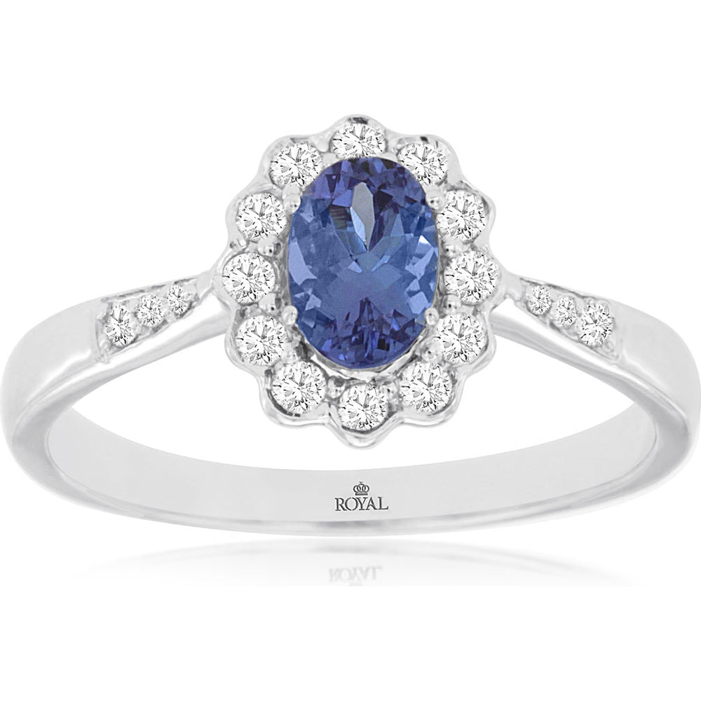 14K White Gold Halo Ring with Oval Tanzanite and Round Diamond Accents - 0.50 Carat Tanzanite and 0.22 Carat Total Diamond Weight - Royal Jewelry