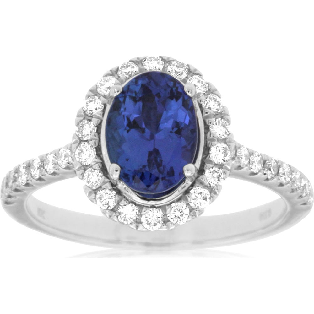 14K White Gold Halo Ring with Oval Tanzanite and Round Diamond Accents - 1.30 Carat Tanzanite and 0.50 Carat Total Diamond Weight - Royal Jewelry
