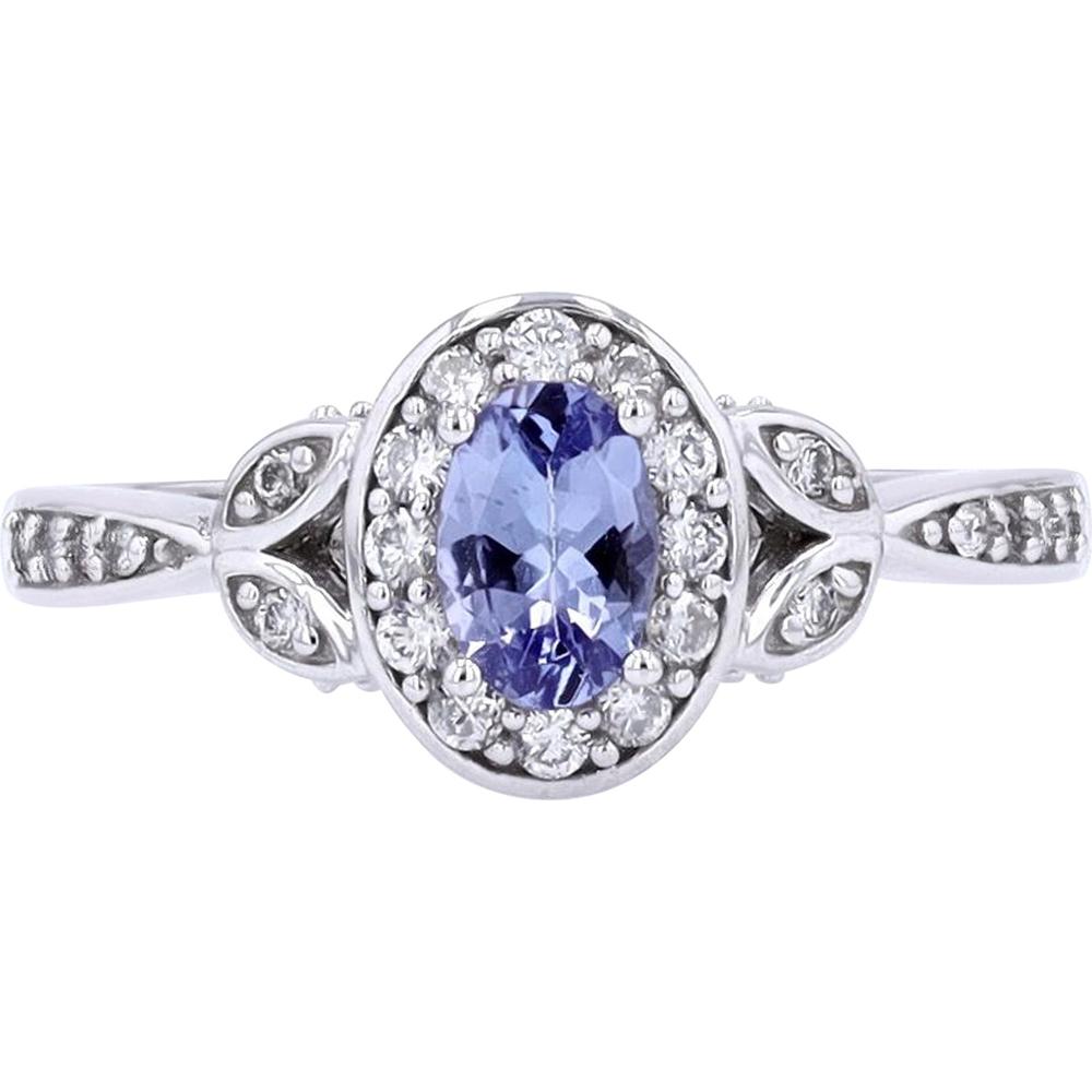 14K White Gold Halo Ring with Oval Tanzanite and Round Diamonds - 0.50 Carats Tanzanite and 0.36 Carats Diamond Total Weight