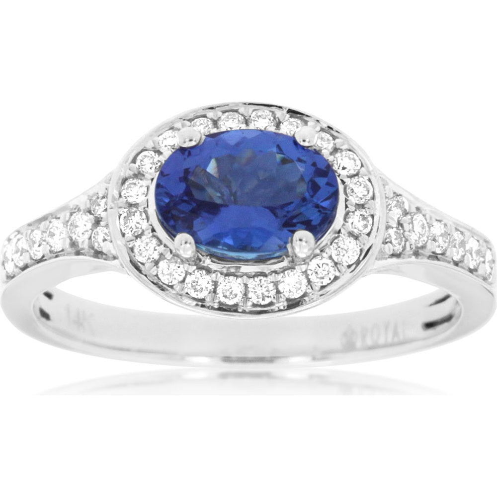 14K White Gold Halo Ring with Oval Tanzanite and Round Diamonds - 0.85 Carat Tanzanite and 0.43 Carat Total Diamond Weight - Royal Jewelry