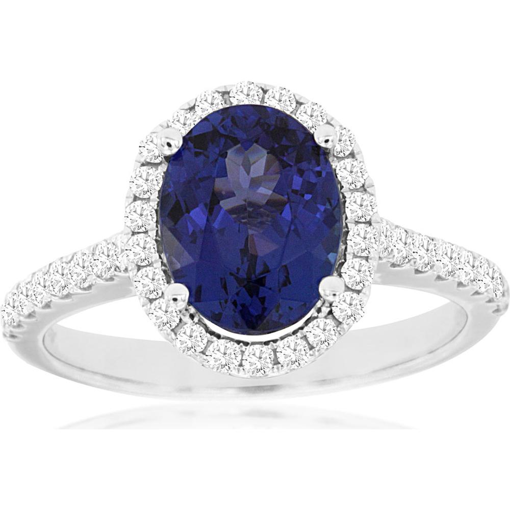 14K White Gold Halo Ring with Oval Tanzanite and Round Diamonds - 2.44 Carat Total Gem Weight - Royal Jewelry