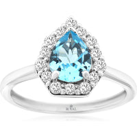 14K White Gold Halo Ring with Pear Cut Blue Topaz and Round Diamonds - 1.15 Carat Blue Topaz and 0.33 Carat Diamond Total Weight - Royal Jewelry