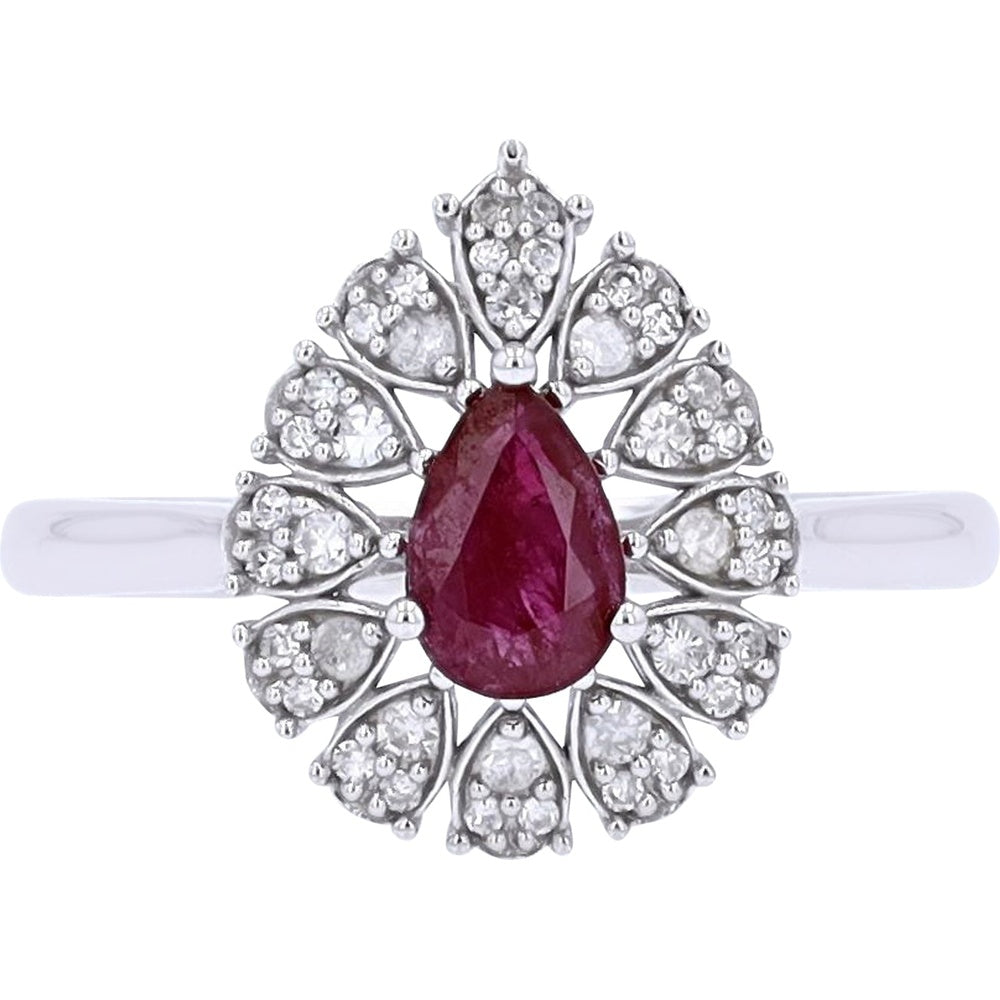 14K White Gold Halo Ring with Pear-Shaped Ruby and Floral Diamond Accents - 0.50 Carat Ruby and 0.20 Carat Total Diamond Weight