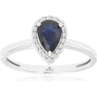 14K White Gold Halo Ring with Pear-Shaped Sapphire and Round Diamond Accents - 0.88 Carat Sapphire and 0.10 Carat Total Diamond Weight - Royal Jewelry