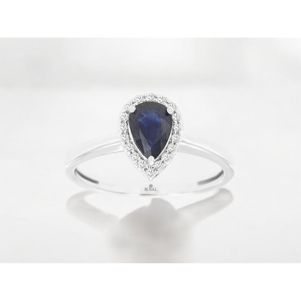 14K White Gold Halo Ring with Pear-Shaped Sapphire and Round Diamond Accents - 0.88 Carat Sapphire and 0.10 Carat Total Diamond Weight - Royal Jewelry